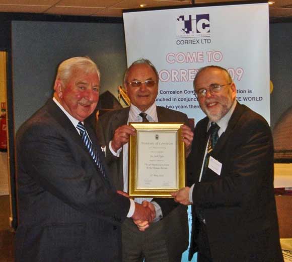 Jack Tighe (left) receives his Lifetime Achievement Award from David Deacon, ICorr Chairman, and Professor Paul Lambert, ICorr President, in 2009